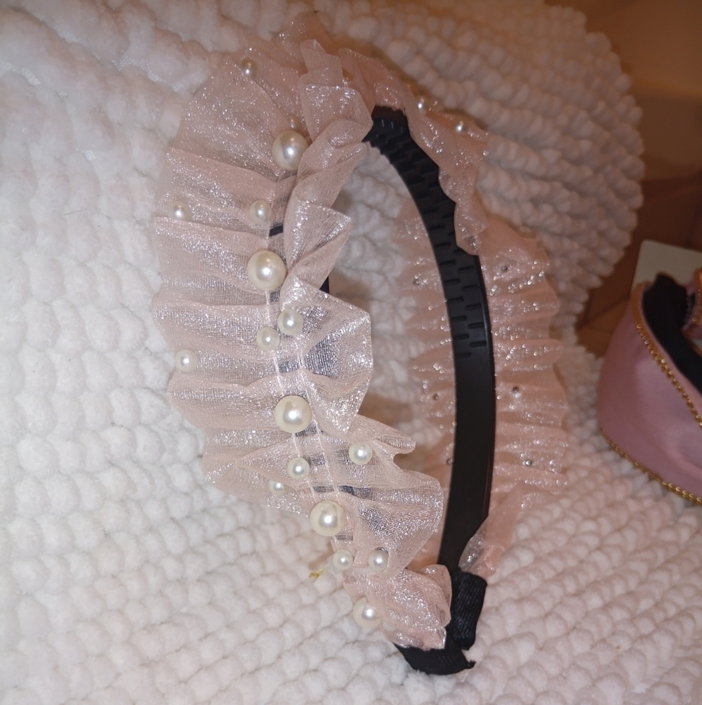 Gorgeous Pink Ruffled Tulle Headband with Faux Pearls | Bridal, Coquette, Fairyc - Picture 13 of 13